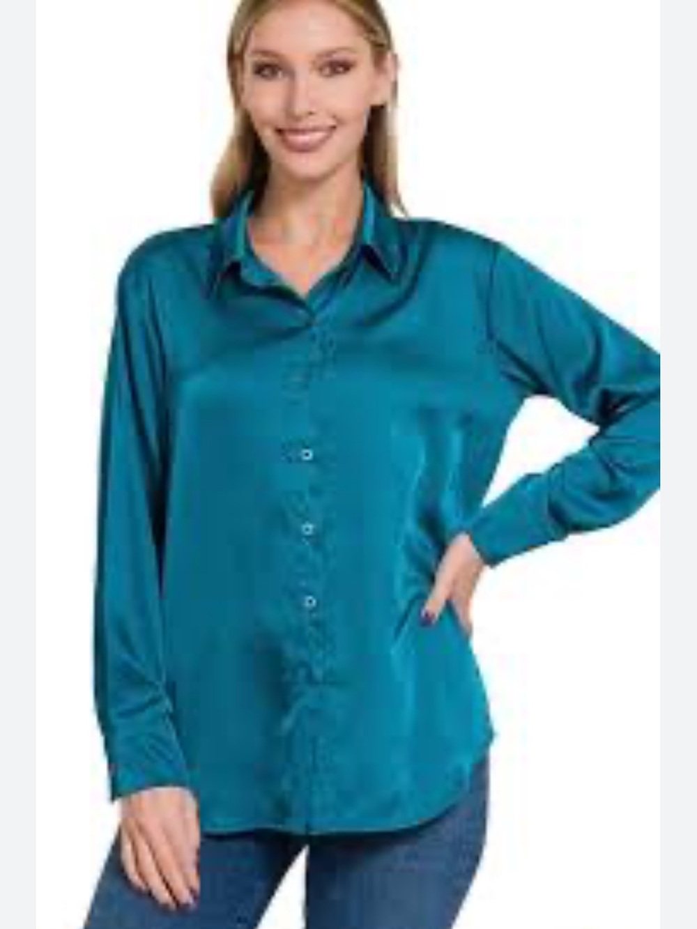 Zenana Teal Satin Button-Down Shirt NEW